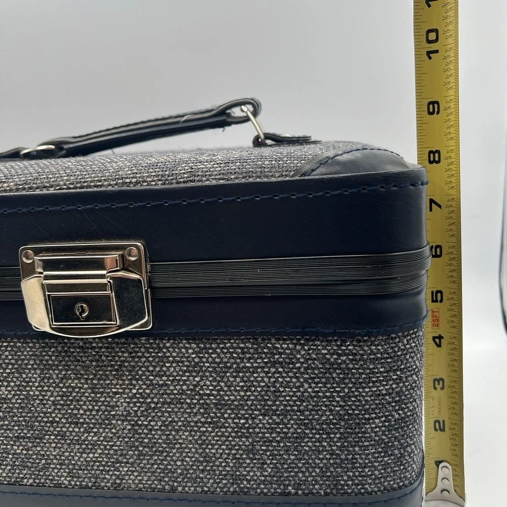 Blue Tweed Cloth Vanity Train Travel Case Inside Tray Pop-up Mirror